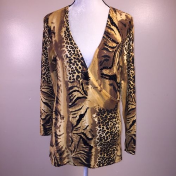 Cache Sweaters - Cache Sweater Tunic Animal Print Stretch Surplice